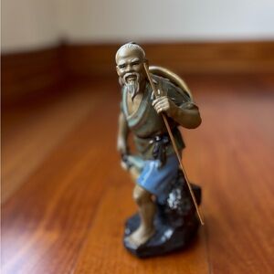 Vintage Shiwan Muman Mud Man Fisherman Figurine Statue 8” Man with Fishing Pole